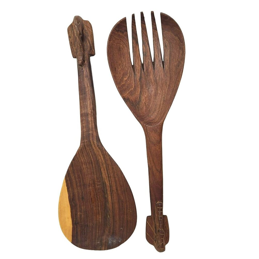 Hand Carved Wooden Elephant Salad Serving Spoon & Fork Tongs Wooden